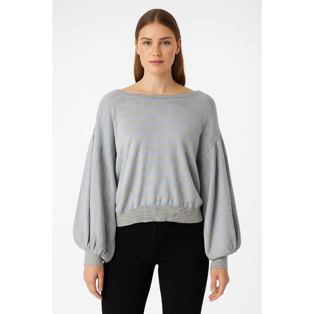 Autumn Cashmere Sweater  Cashmere Silk Gray & Light Blue Metallic Women Size L